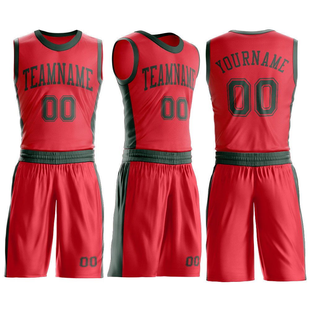 Custom Fire Red Green Round Neck Basketball Uniform Jersey view 3