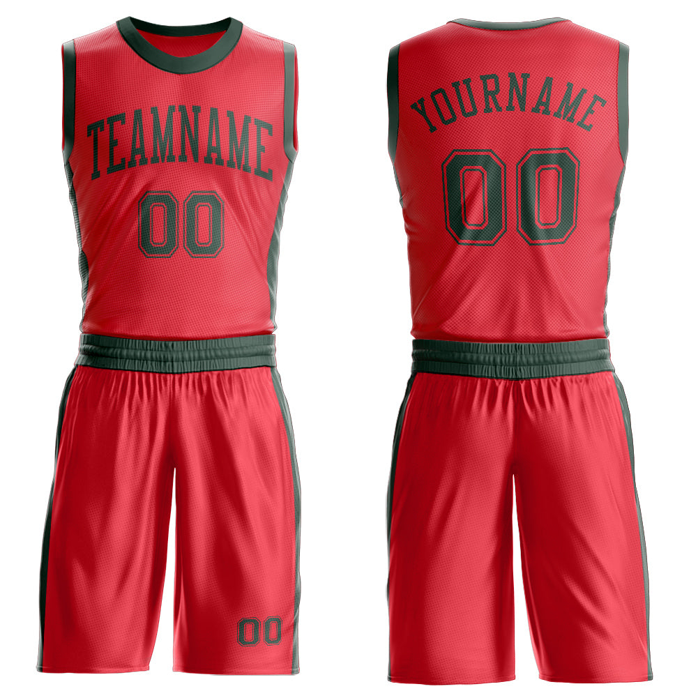 Custom Fire Red Green Round Neck Basketball Uniform Jersey - Main View