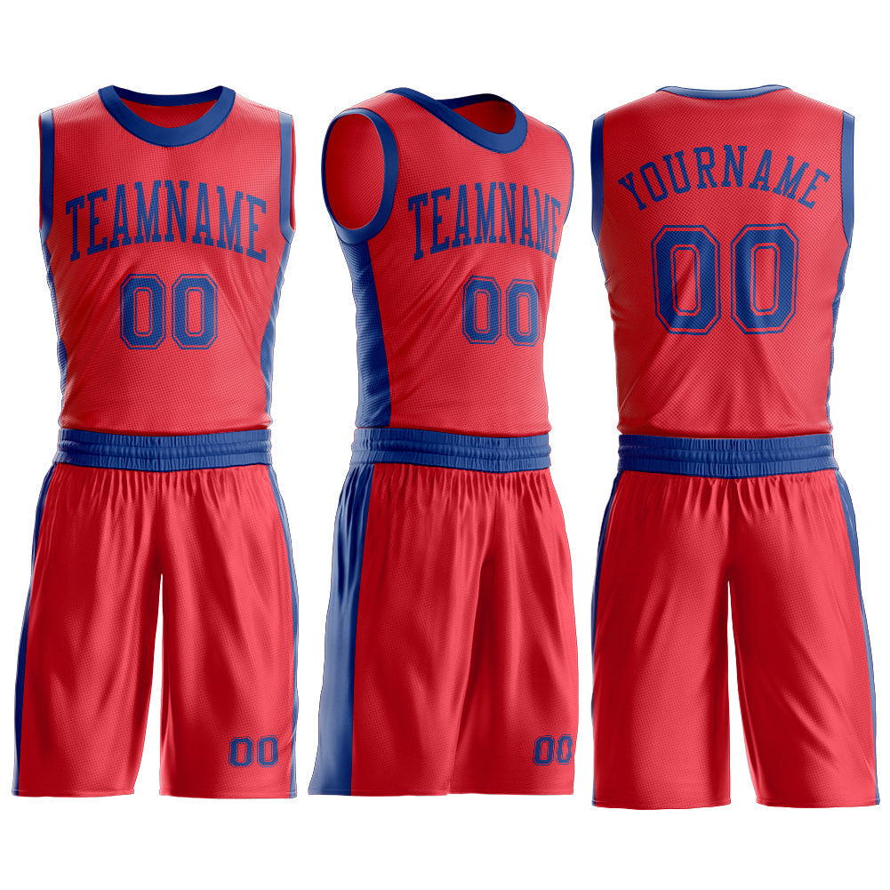 Custom Fire Red Royal Round Neck Basketball Uniform Jersey view 3
