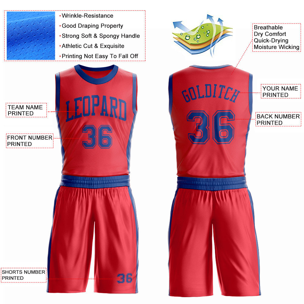 Custom Fire Red Royal Round Neck Basketball Uniform Jersey view 4