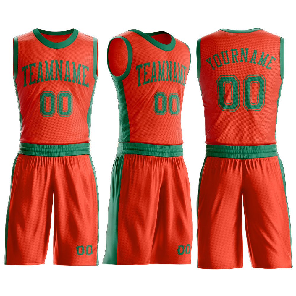 Custom Orange Kelly Green Round Neck Basketball Uniform Jersey view 3