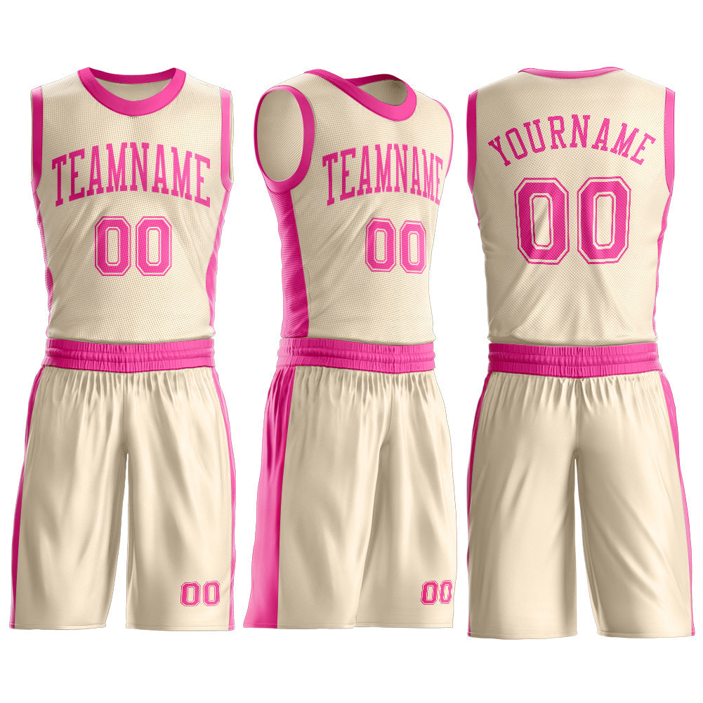 Custom Cream Pink Round Neck Basketball Uniform Jersey view 3