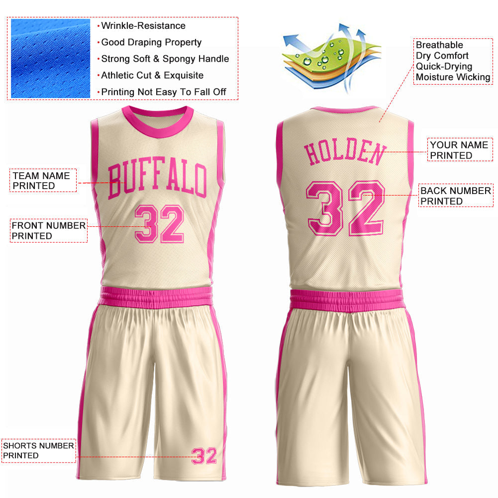 Custom Cream Pink Round Neck Basketball Uniform Jersey view 4