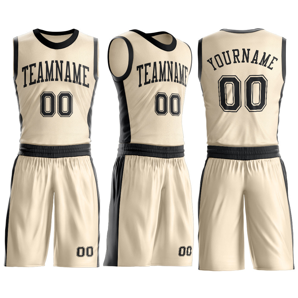 Custom Cream Black Round Neck Basketball Uniform Jersey view 3