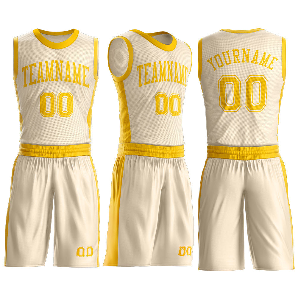 Custom Cream Gold Round Neck Basketball Uniform Jersey view 3