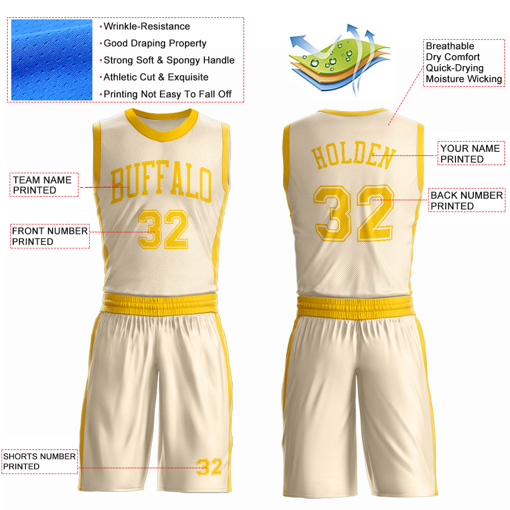 Custom Cream Gold Round Neck Basketball Uniform Jersey view 4