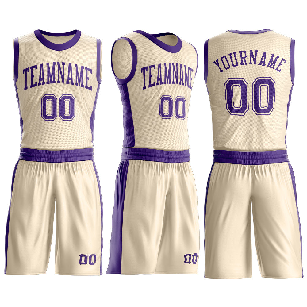 Custom Cream Purple Round Neck Basketball Uniform Jersey view 3