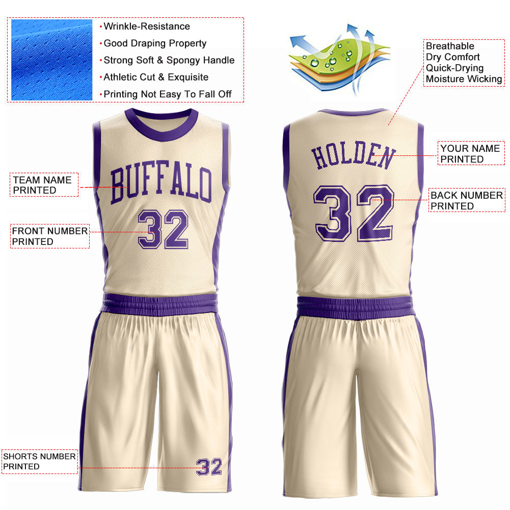 Custom Cream Purple Round Neck Basketball Uniform Jersey view 4