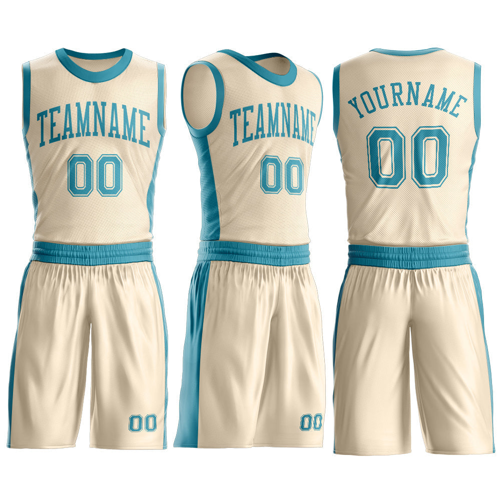 Custom Cream Teal Round Neck Basketball Uniform Jersey view 3