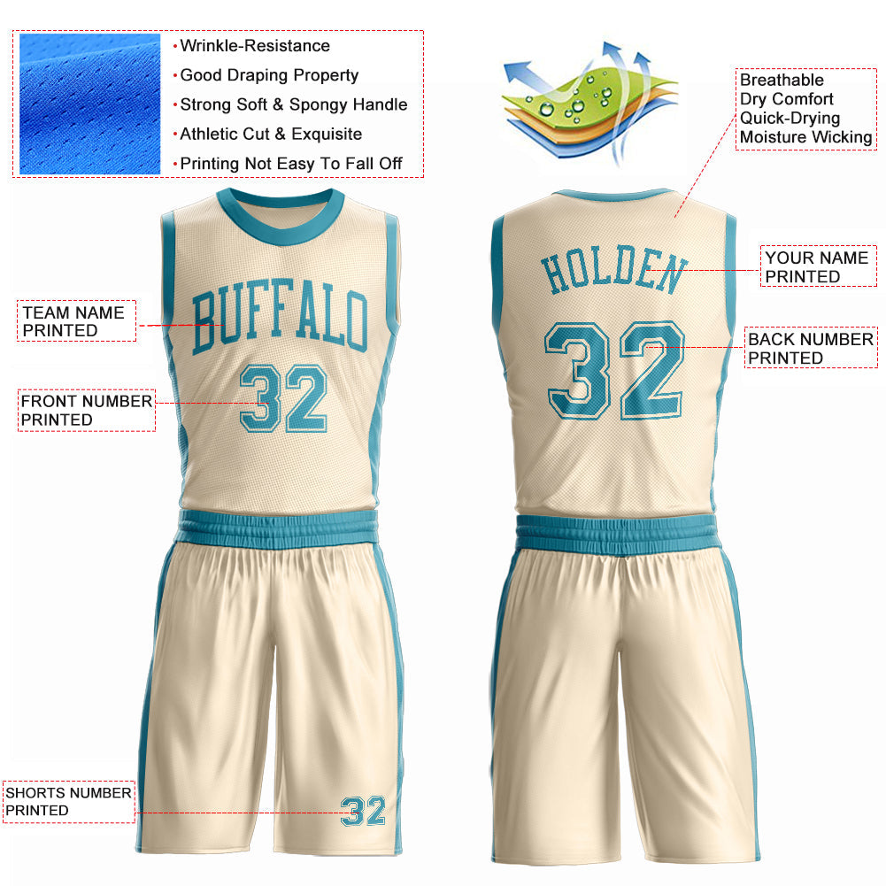 Custom Cream Teal Round Neck Basketball Uniform Jersey view 4