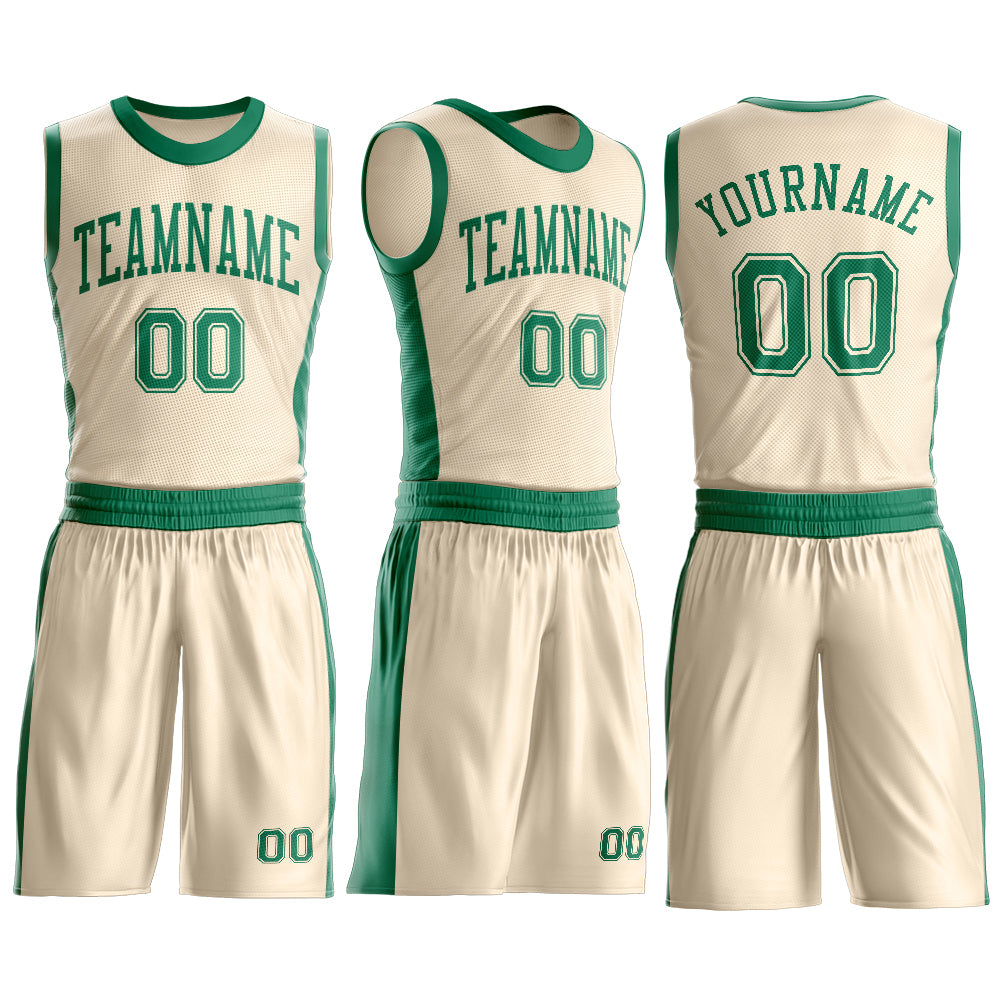 Custom Cream Kelly Green Round Neck Basketball Uniform Jersey view 3