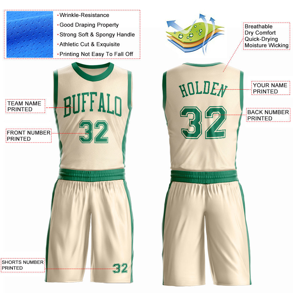 Custom Cream Kelly Green Round Neck Basketball Uniform Jersey view 4