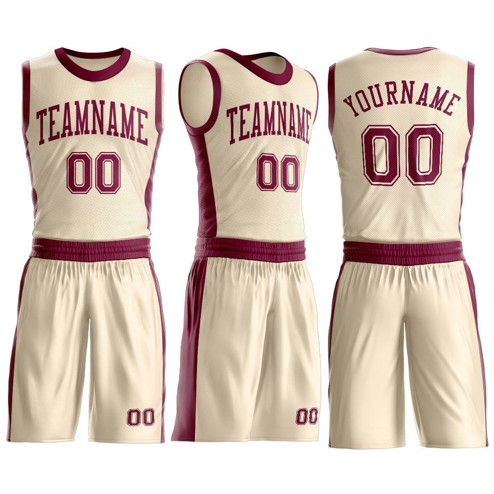 Custom Cream Maroon Round Neck Basketball Uniform Jersey view 3