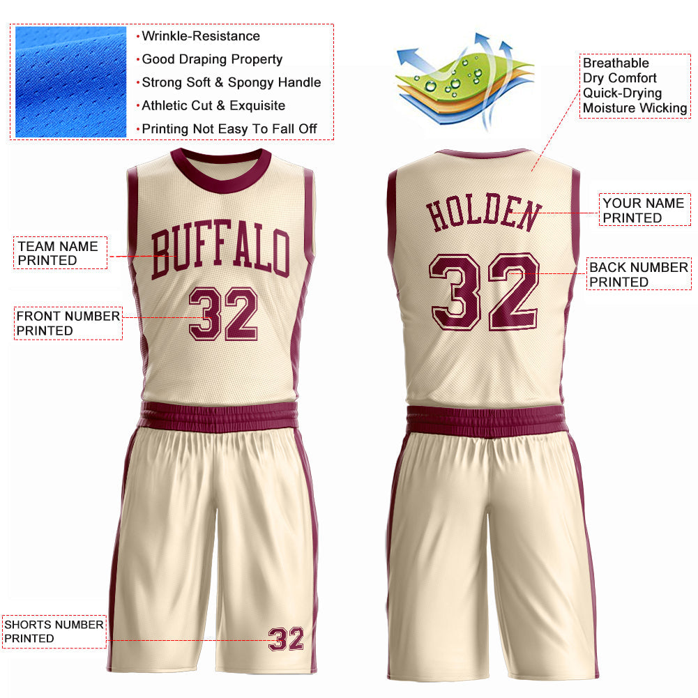 Custom Cream Maroon Round Neck Basketball Uniform Jersey view 4