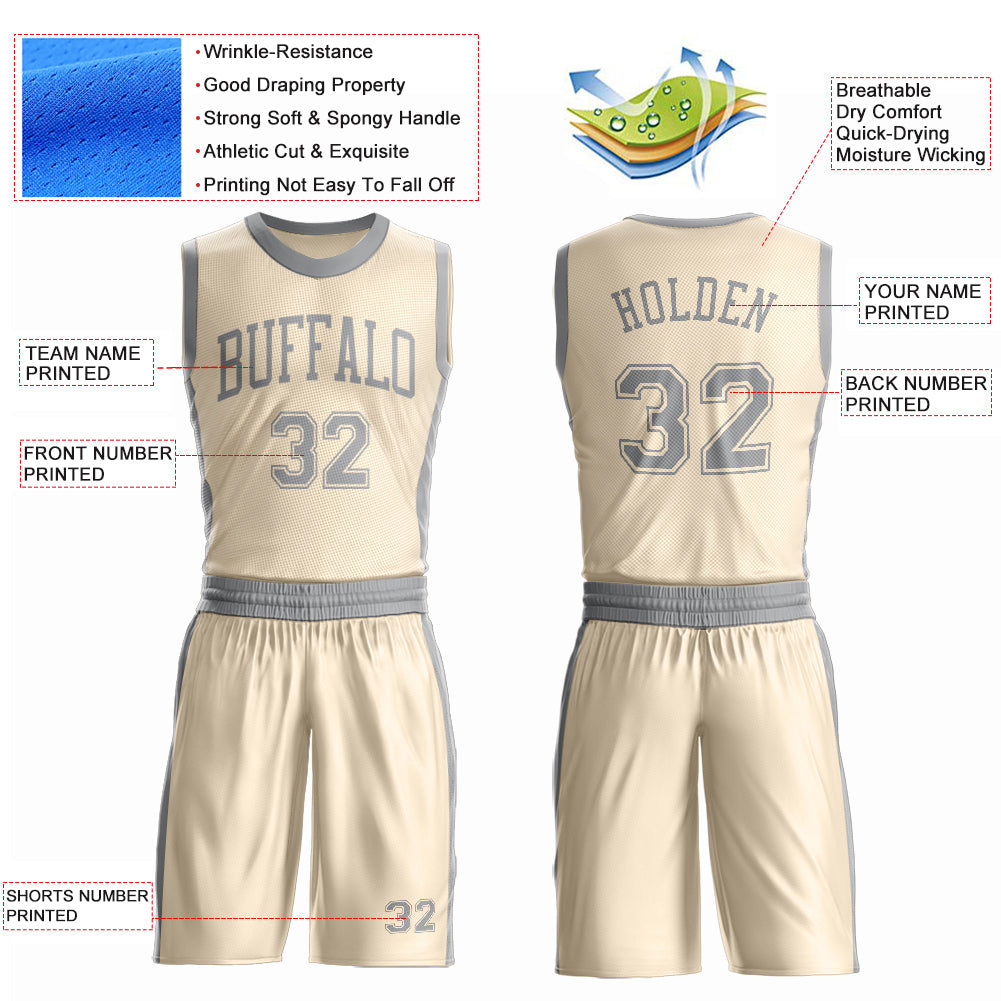Custom Cream Gray Round Neck Basketball Uniform Jersey view 4