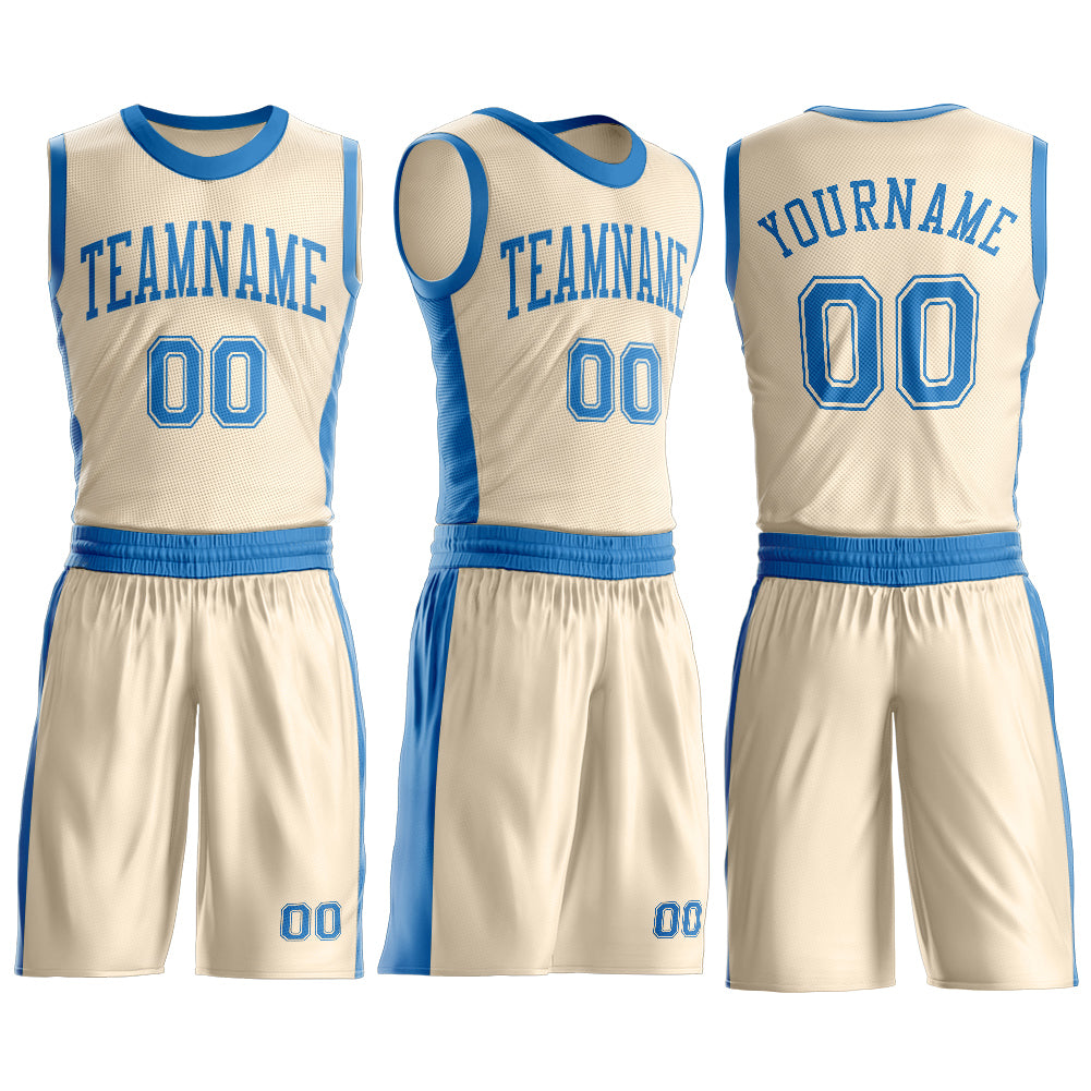 Custom Cream Blue Round Neck Basketball Uniform Jersey view 3