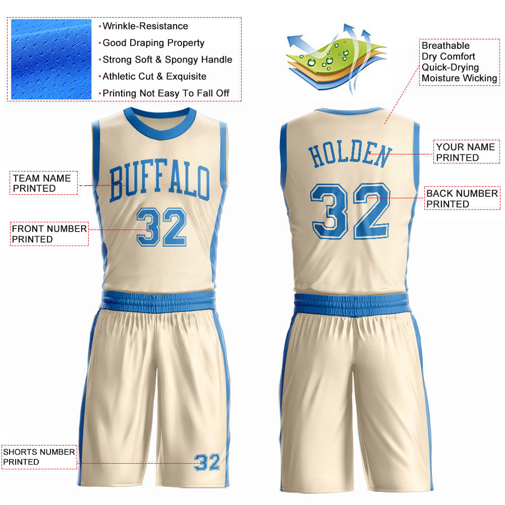 Custom Cream Blue Round Neck Basketball Uniform Jersey view 4