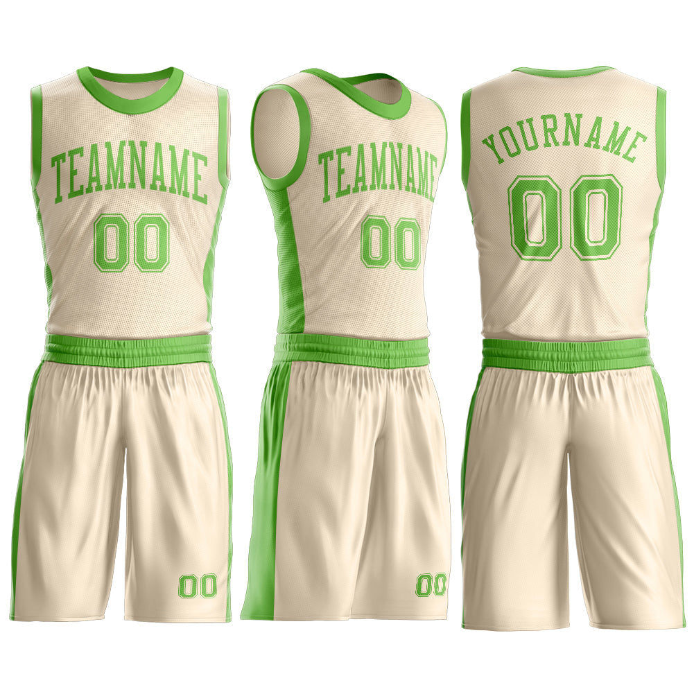 Custom Cream Neon Green Round Neck Basketball Uniform Jersey view 3