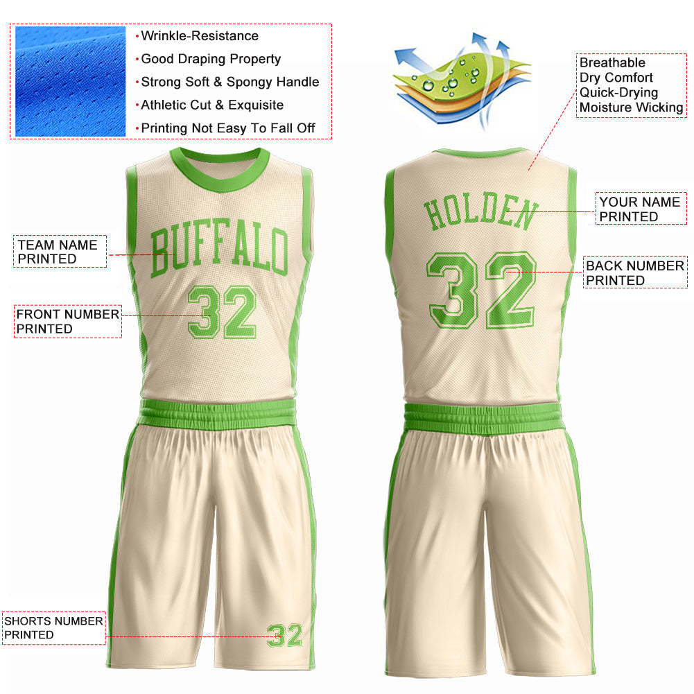 Custom Cream Neon Green Round Neck Basketball Uniform Jersey view 4