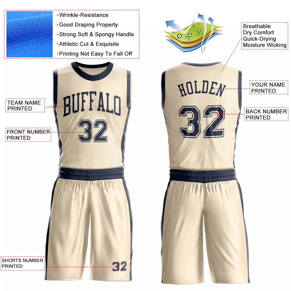 Custom Cream Navy Round Neck Basketball Uniform Jersey view 4
