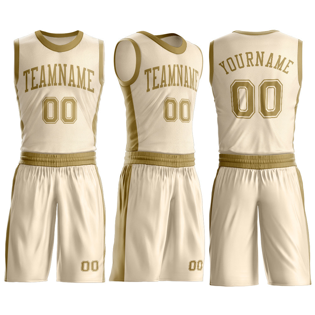 Custom Cream Old Gold Round Neck Basketball Uniform Jersey view 3