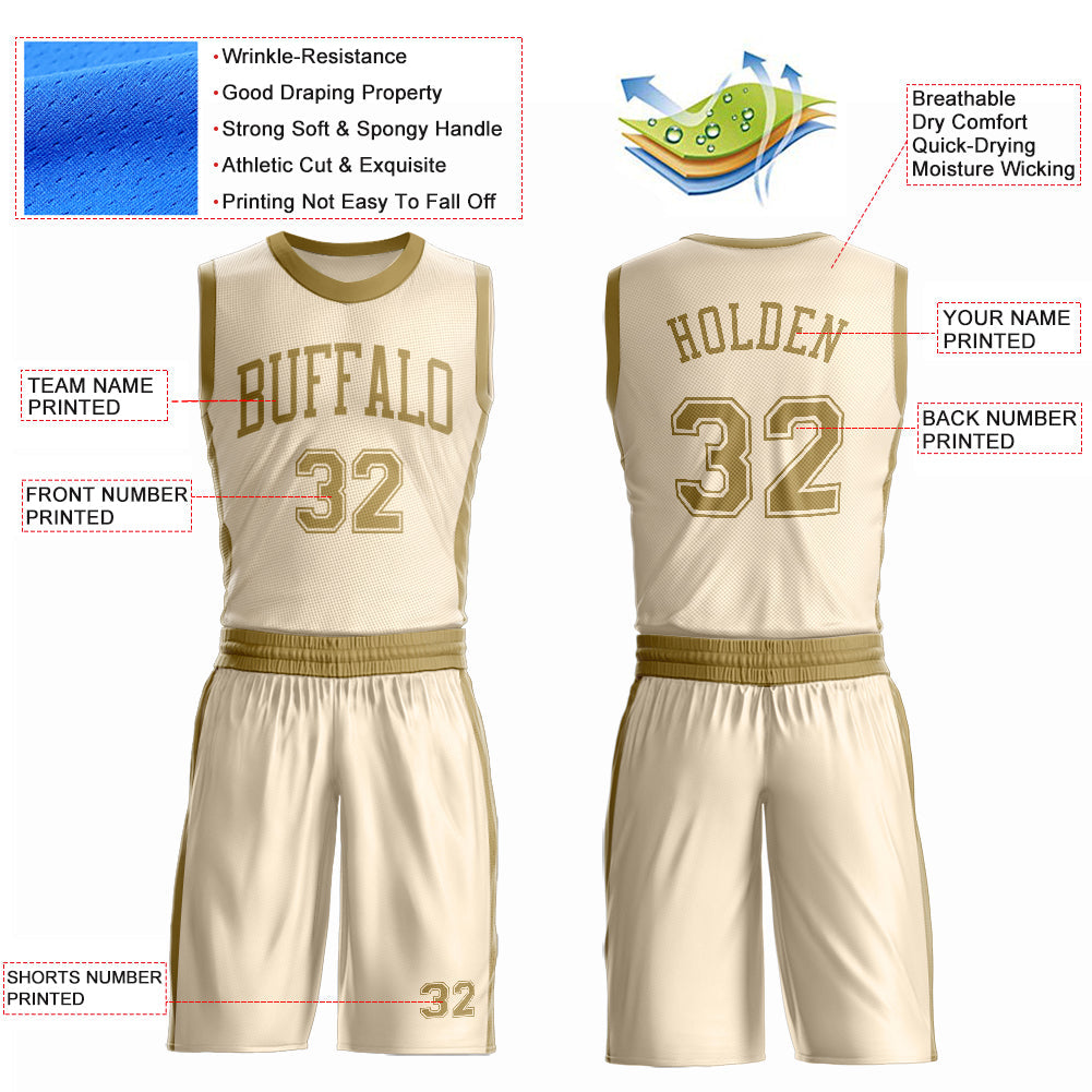 Custom Cream Old Gold Round Neck Basketball Uniform Jersey view 4