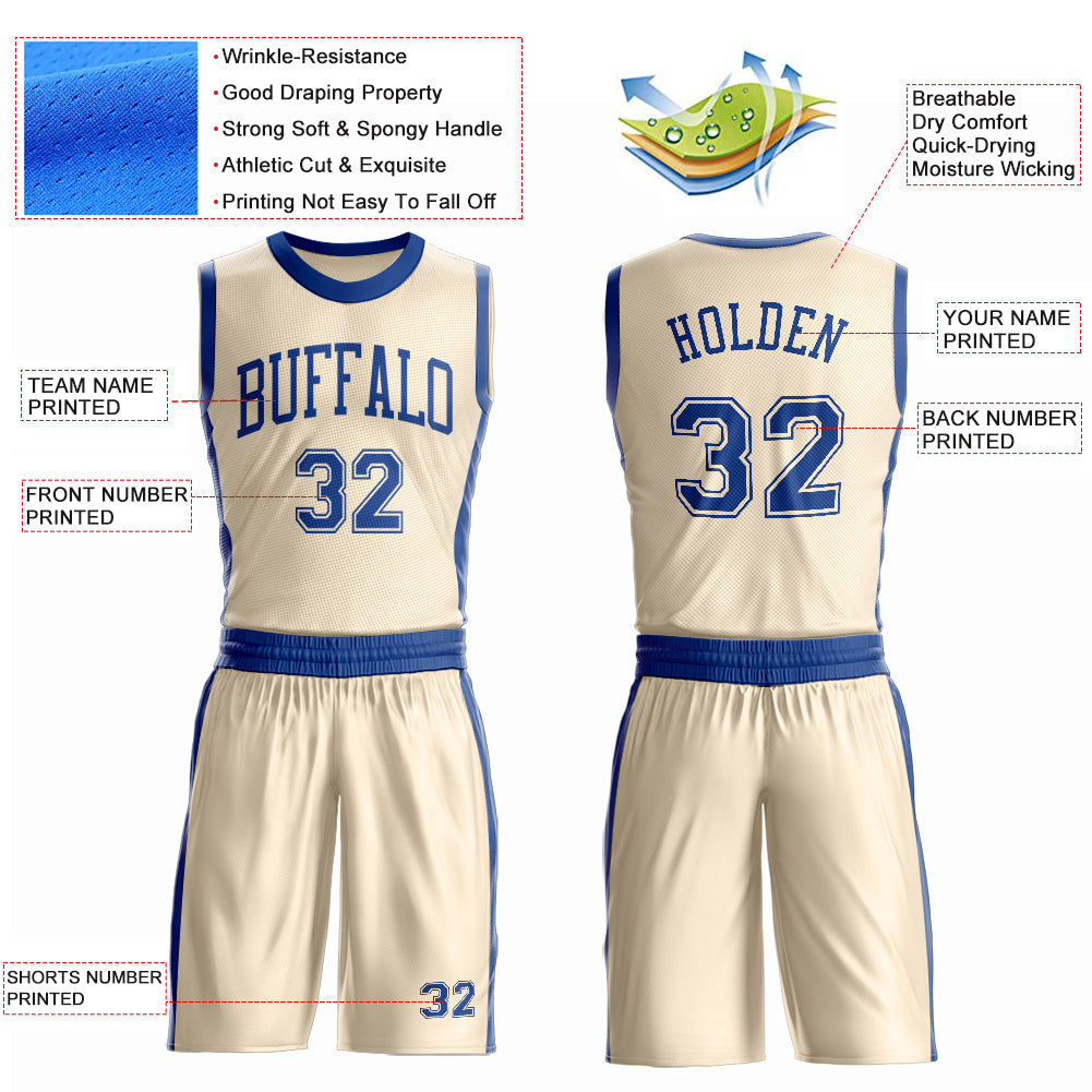 Custom Cream Royal Round Neck Basketball Uniform Jersey view 4