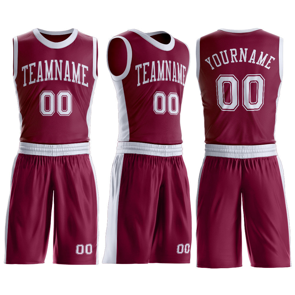 Custom Maroon White Round Neck Basketball Uniform Jersey view 3