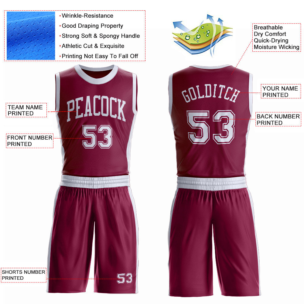 Custom Maroon White Round Neck Basketball Uniform Jersey view 4