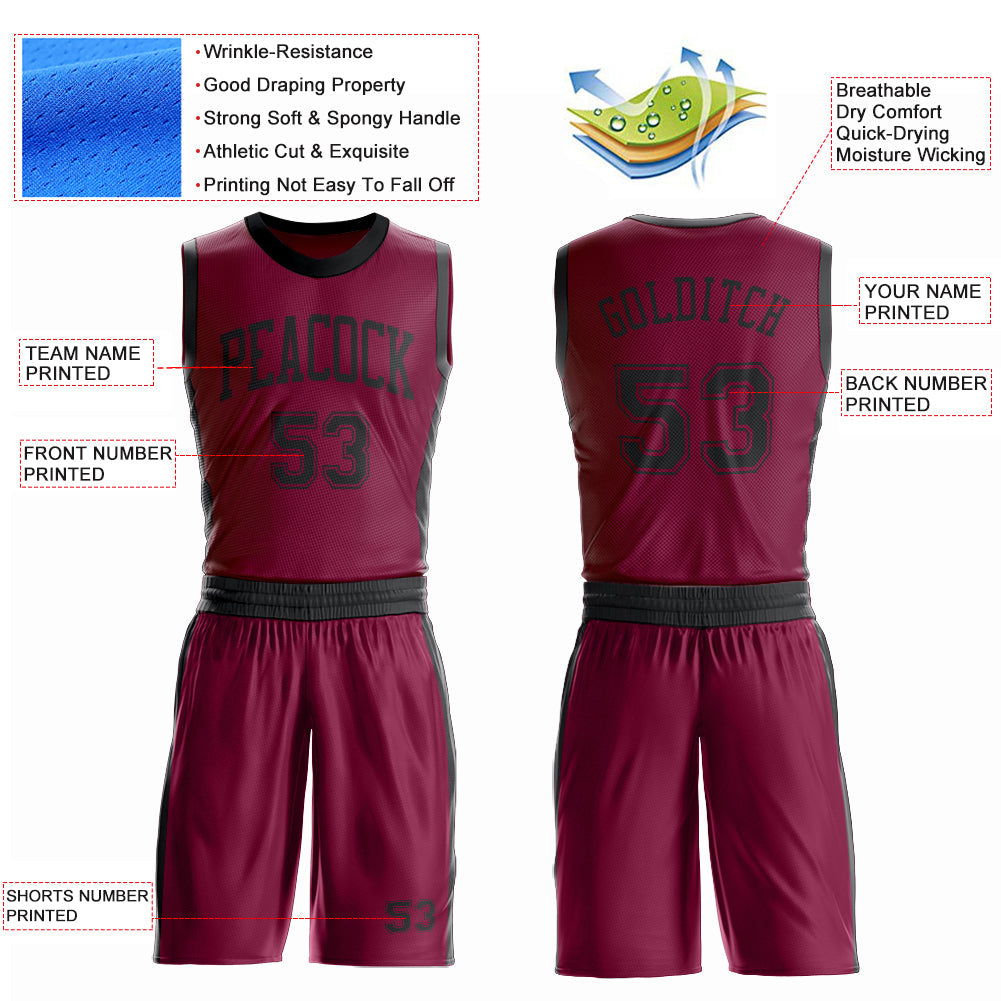 Custom Maroon Black Round Neck Basketball Uniform Jersey view 4