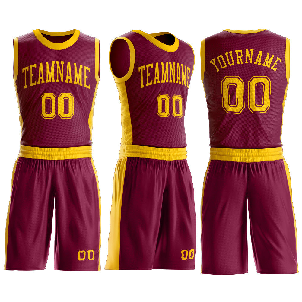 Custom Maroon Gold Round Neck Basketball Uniform Jersey view 3