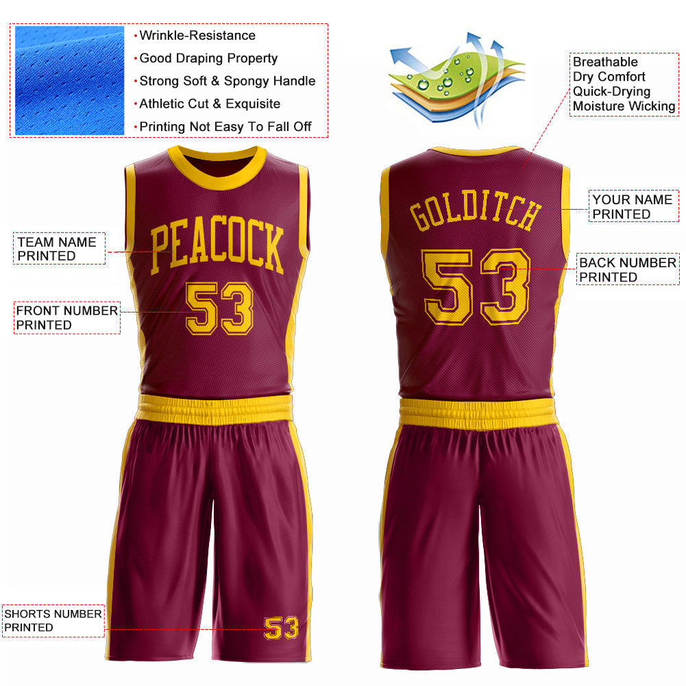 Custom Maroon Gold Round Neck Basketball Uniform Jersey view 4
