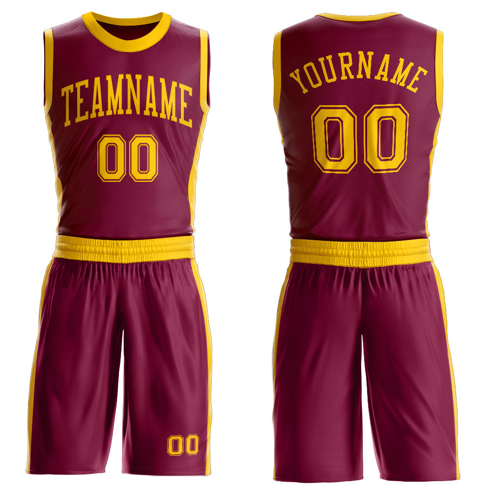 Custom Maroon Gold Round Neck Basketball Uniform Jersey - Main View