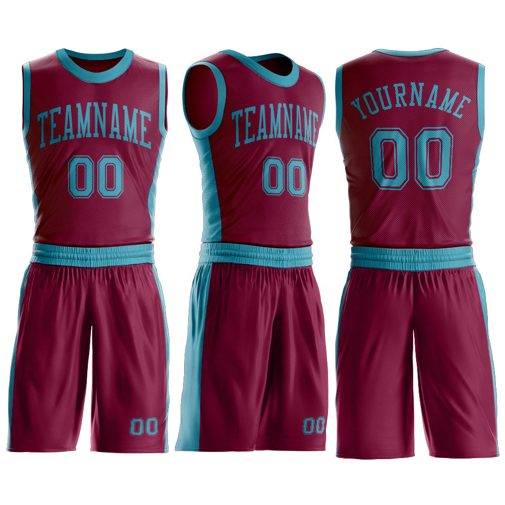 Custom Maroon Teal Round Neck Basketball Uniform Jersey view 3