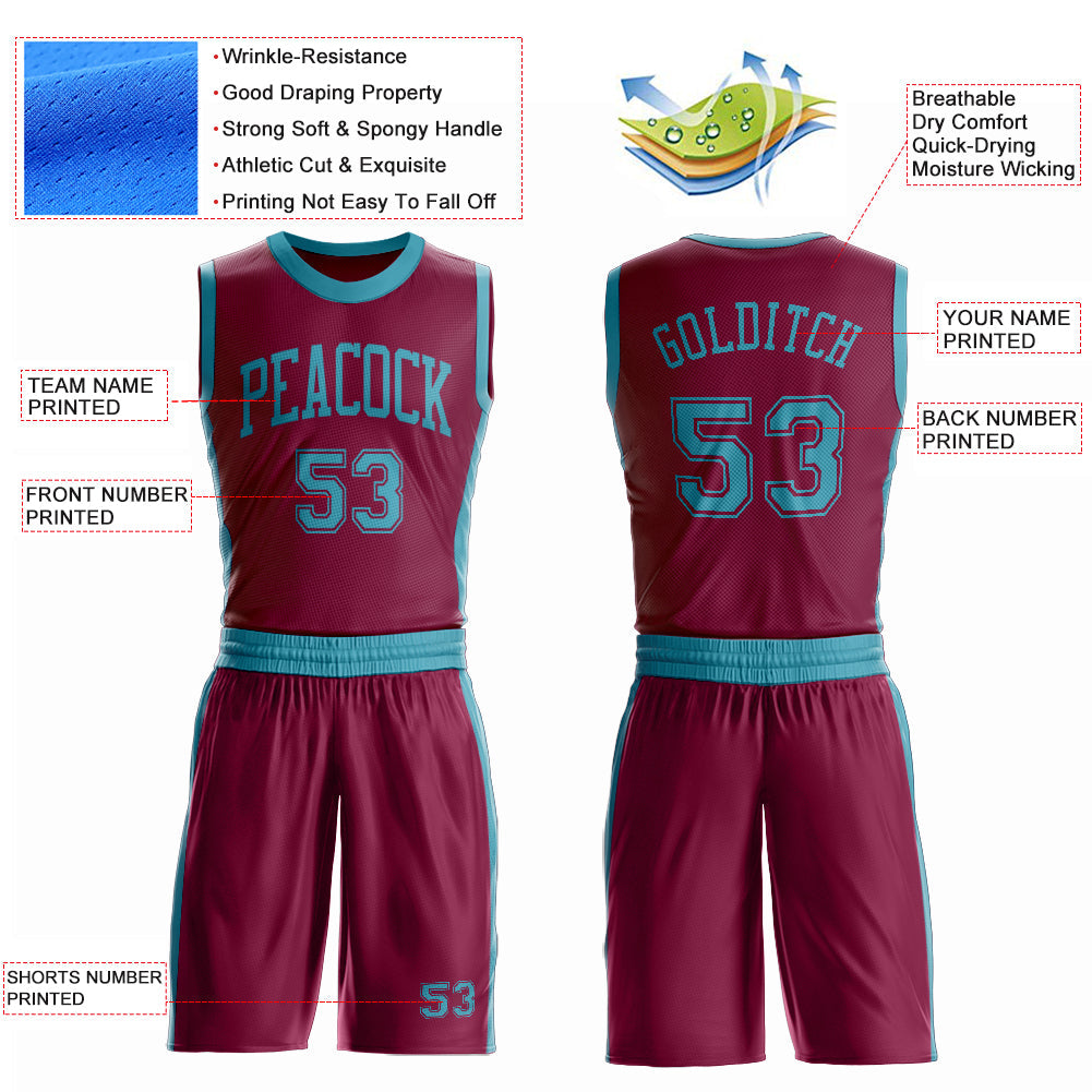 Custom Maroon Teal Round Neck Basketball Uniform Jersey view 4