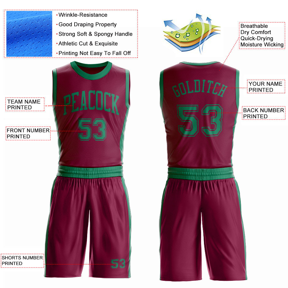 Custom Maroon Kelly Green Round Neck Basketball Uniform Jersey view 4
