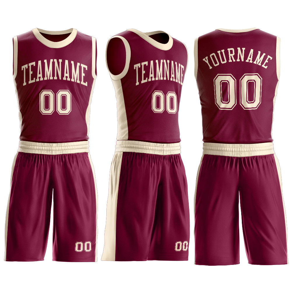 Custom Maroon Cream Round Neck Basketball Uniform Jersey view 3