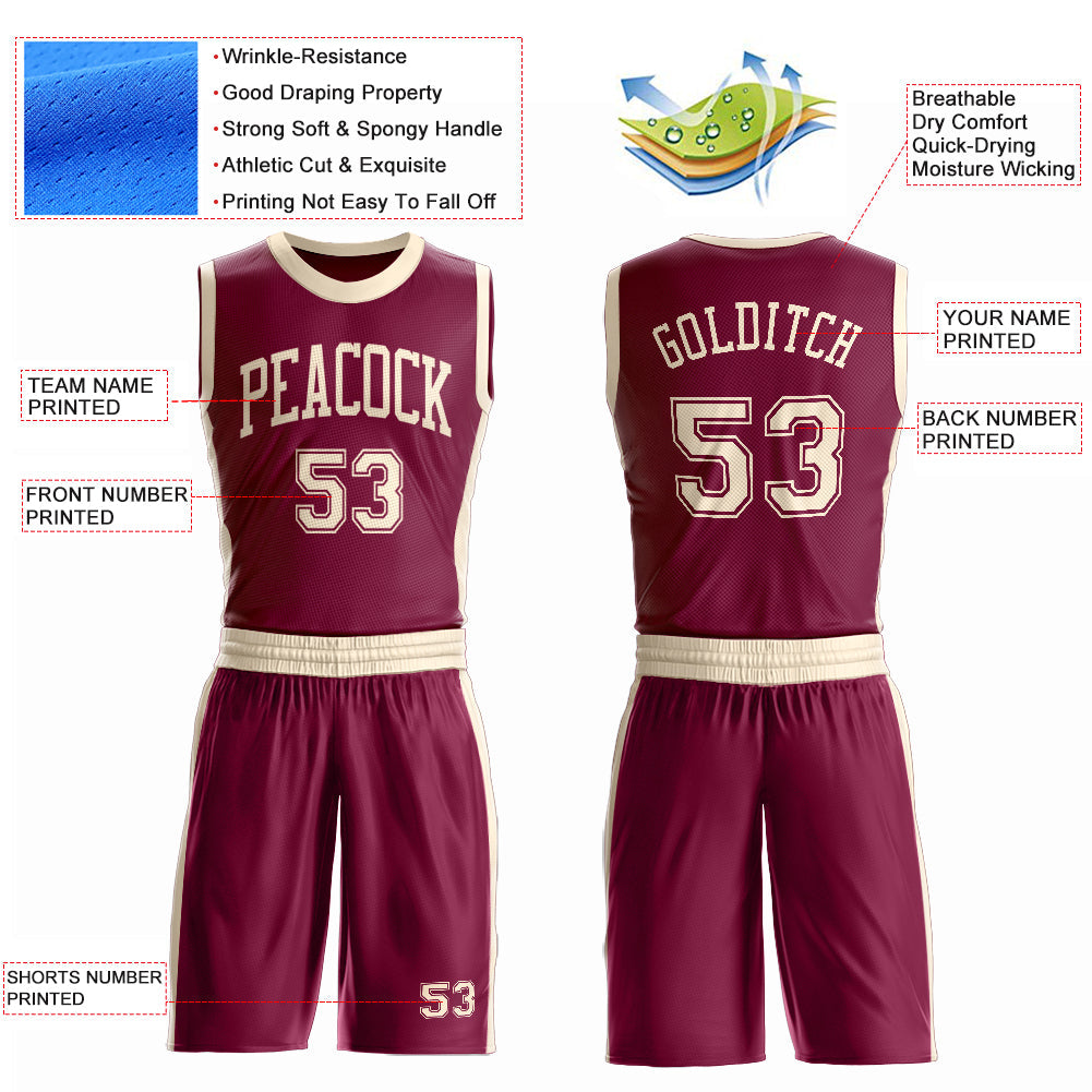 Custom Maroon Cream Round Neck Basketball Uniform Jersey view 4