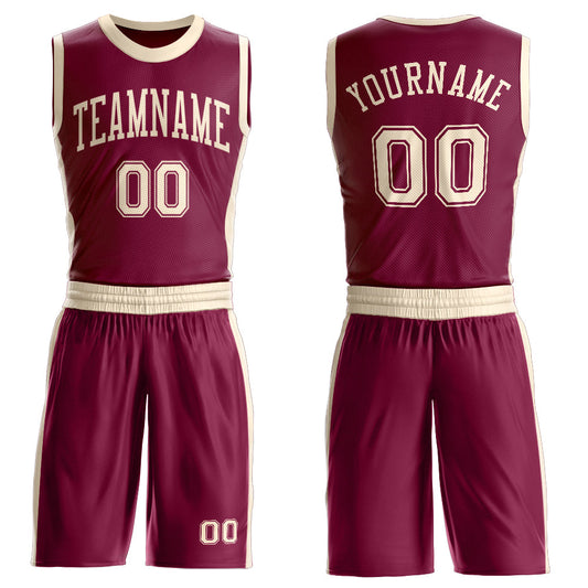 Custom Maroon Cream Round Neck Basketball Uniform Jersey - Main View