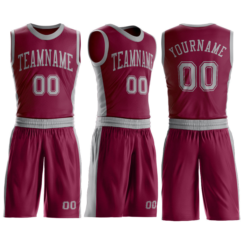 Custom Maroon Gray Round Neck Basketball Uniform Jersey view 3