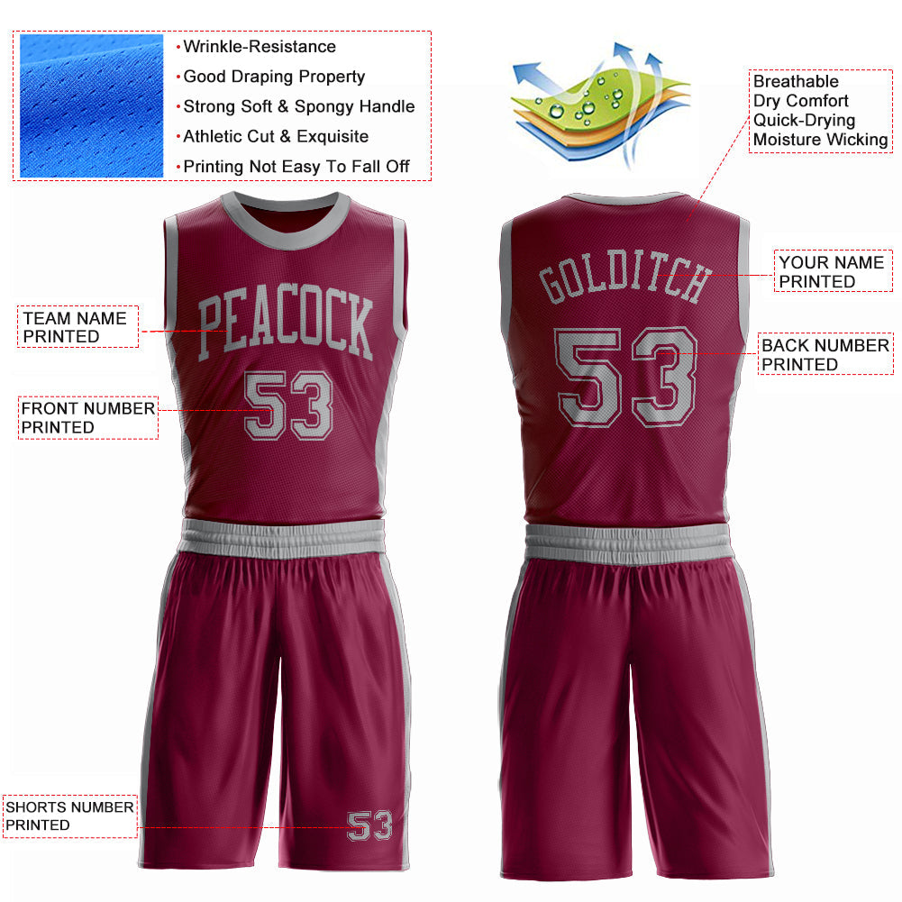 Custom Maroon Gray Round Neck Basketball Uniform Jersey view 4