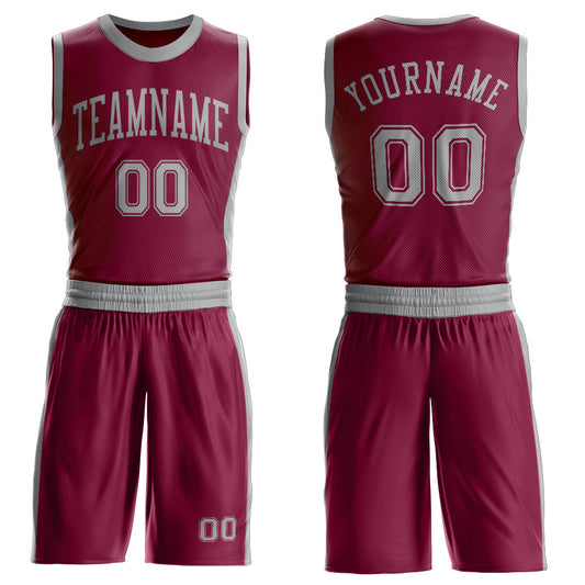 Custom Maroon Gray Round Neck Basketball Uniform Jersey - Main View