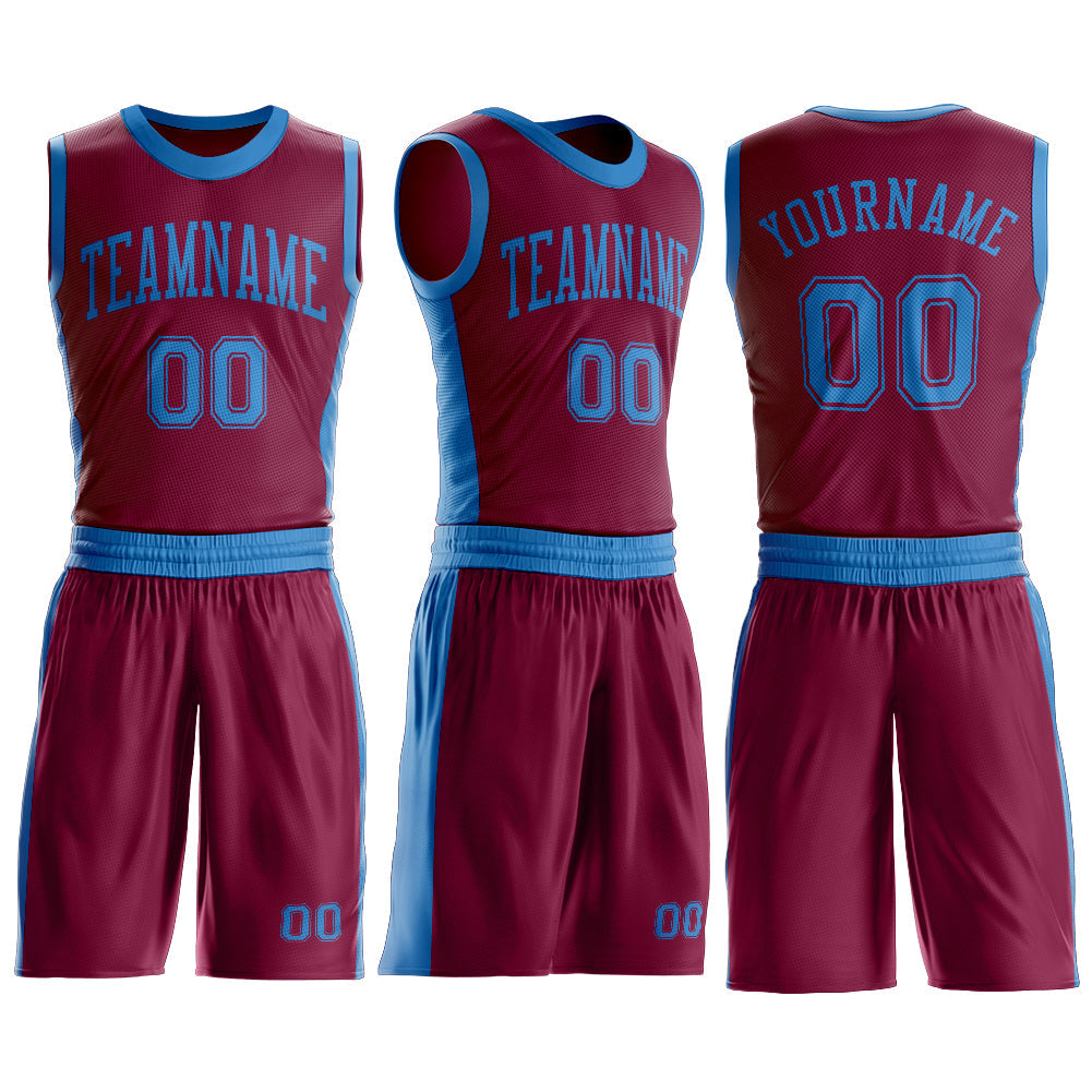 Custom Maroon Blue Round Neck Basketball Uniform Jersey view 3
