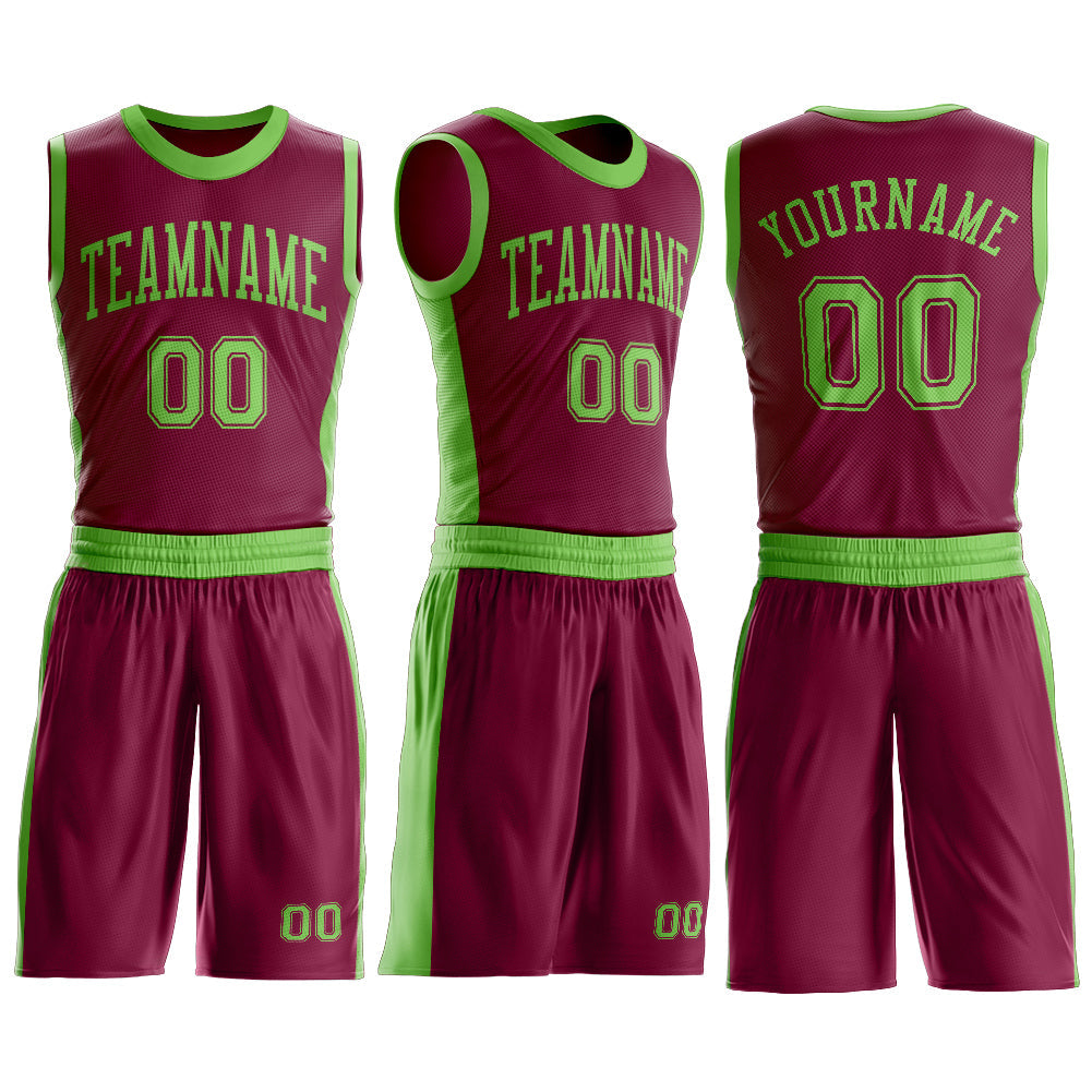 Custom Maroon Neon Green Round Neck Basketball Uniform Jersey view 3