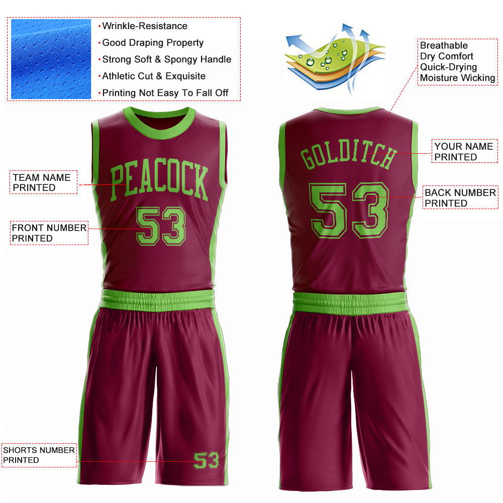 Custom Maroon Neon Green Round Neck Basketball Uniform Jersey view 4