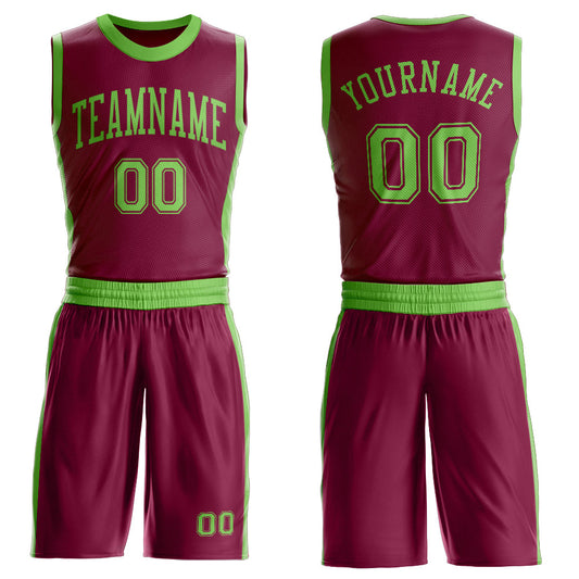 Custom Maroon Neon Green Round Neck Basketball Uniform Jersey - Main View