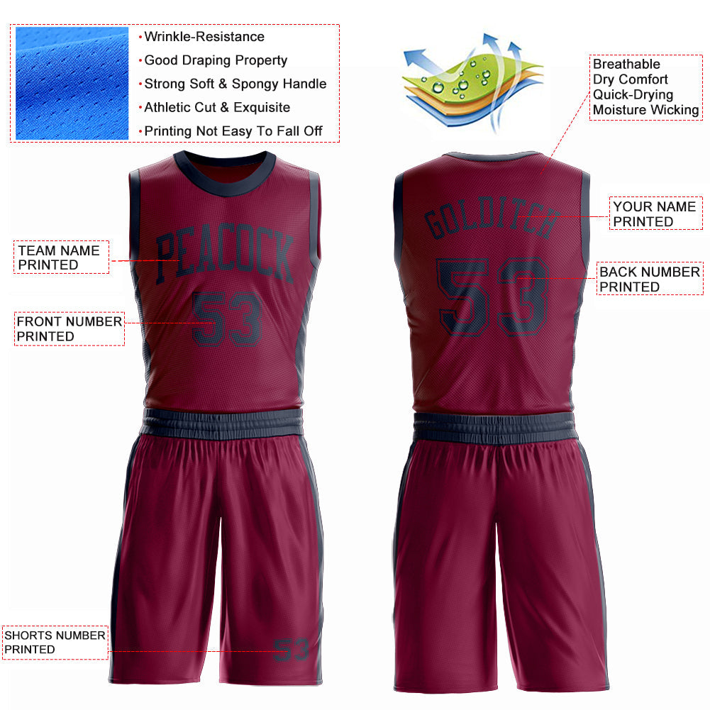 Custom Maroon Navy Round Neck Basketball Uniform Jersey view 4
