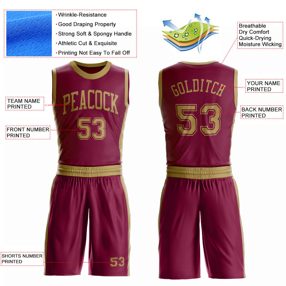 Custom Maroon Old Gold Round Neck Basketball Uniform Jersey view 4