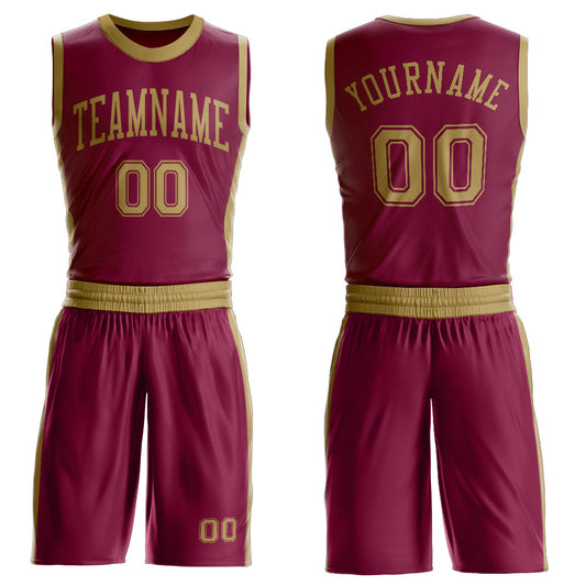 Custom Maroon Old Gold Round Neck Basketball Uniform Jersey - Main View