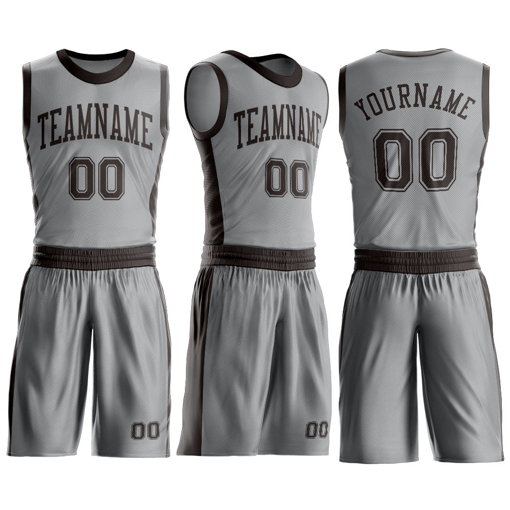 Custom Gray Brown Round Neck Basketball Uniform Jersey view 3